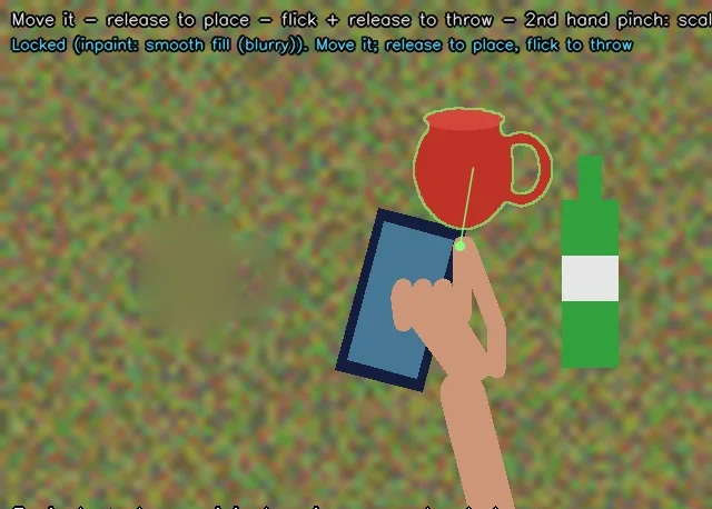 A red mug lifted out of the scene by a pinch, with its original spot filled in